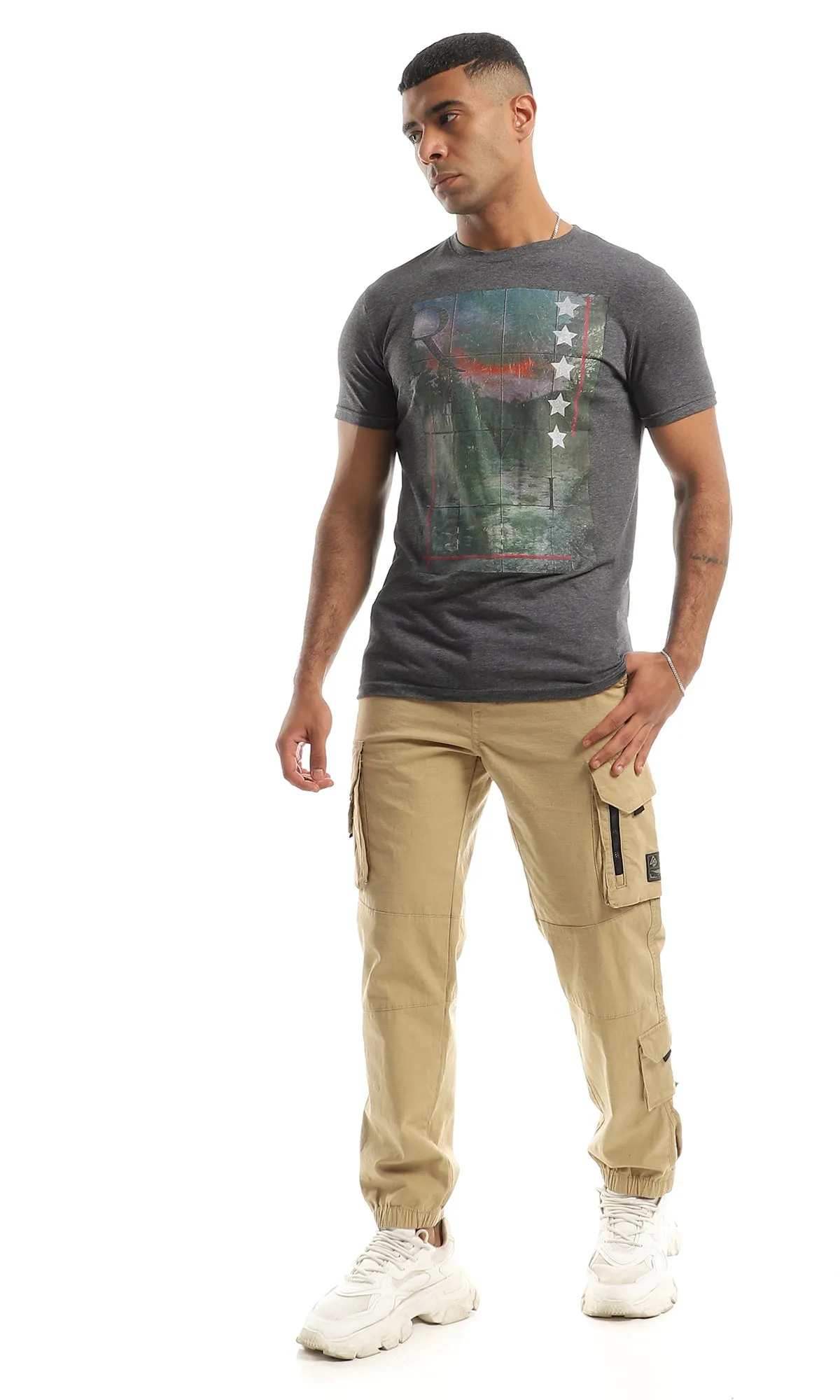 47674 Heather Charcoal Short Sleeves Front Printed Summer Tee