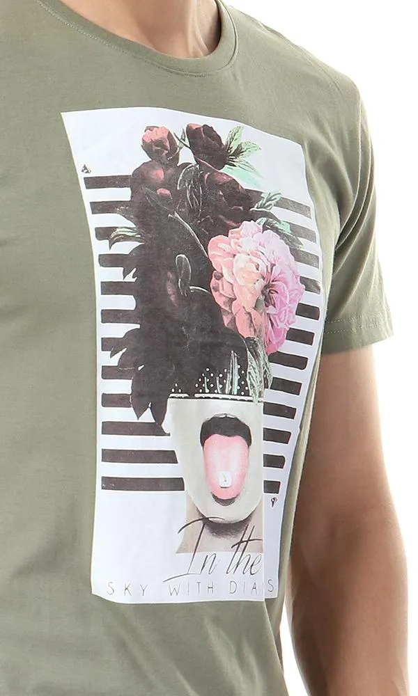 57484 Floral Head With Stripes Olive T-Shirt