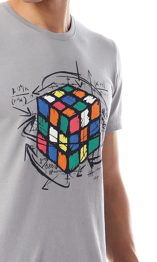 57559 Colorfull Cube Printed Slip On Tee - Light Grey