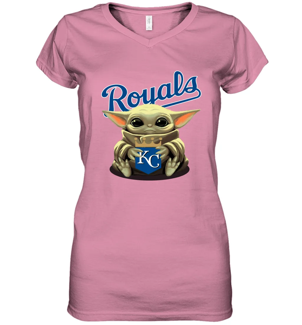 Baby Yoda Hugs Loves The Kansas City Royals Baseball Womens V-Neck T-Shirt
