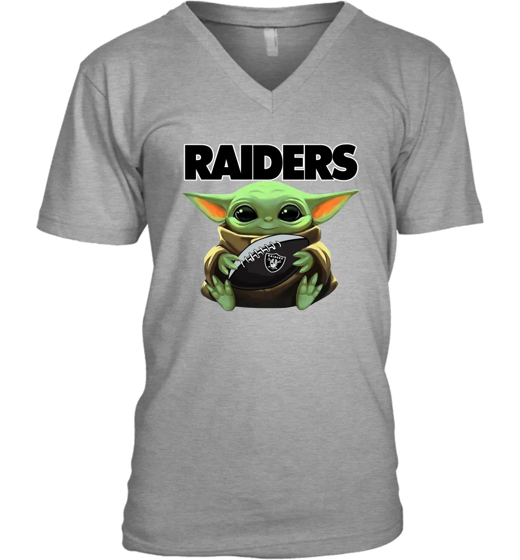 Baby Yoda Loves The Oakland Raiders Star Wars Baby Yoda Hugs Raiders NFL Mens V-Neck T-Shirt