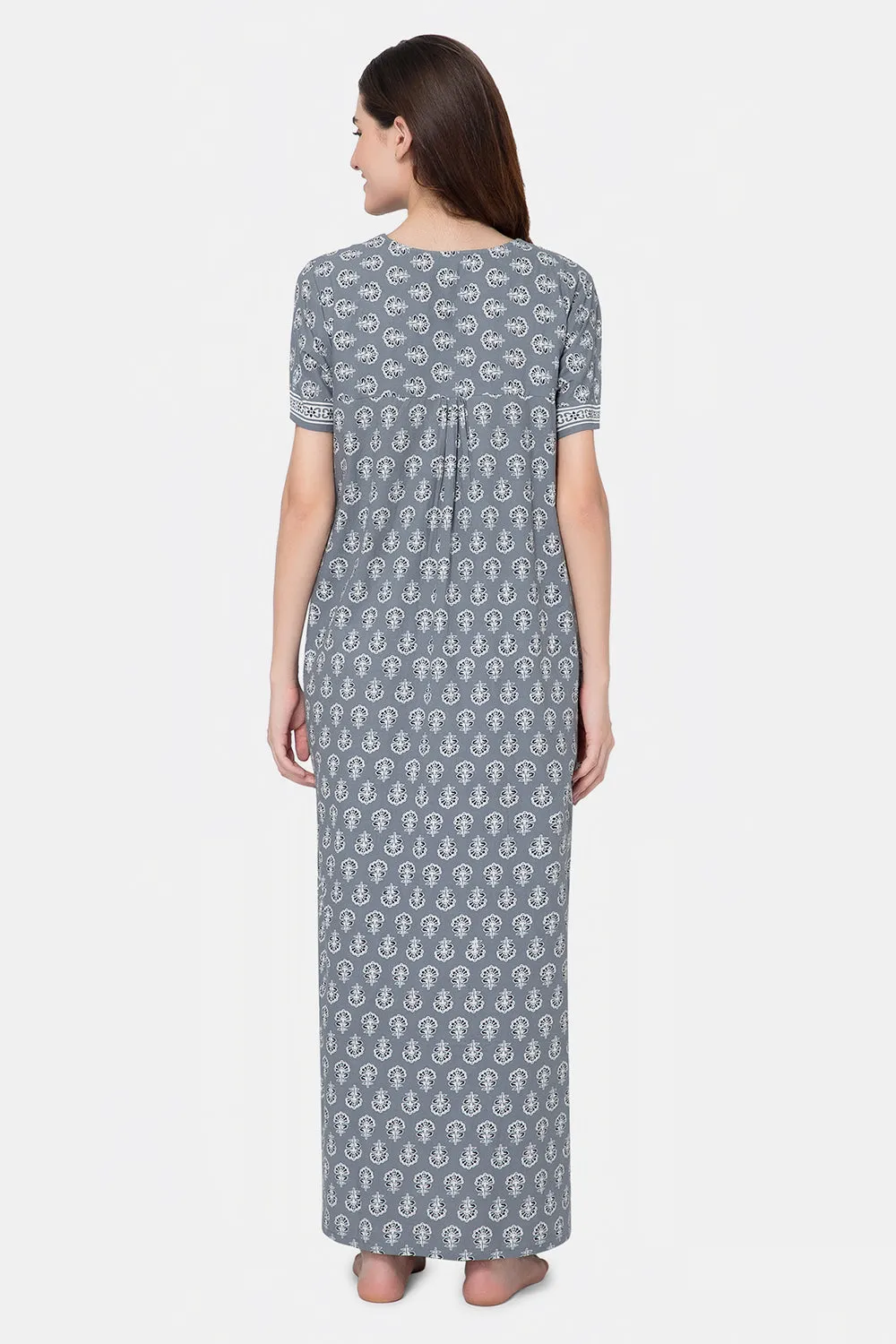Naidu Hall Round Neck Half Sleeve Front Button Open Nighty - Grey - NT01