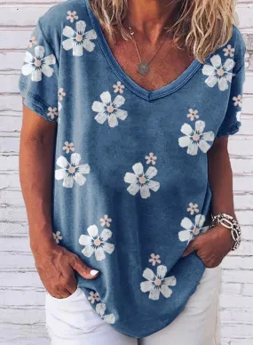 New small white flower print wide-neck V-neck loose short-sleeved women's T-shirt