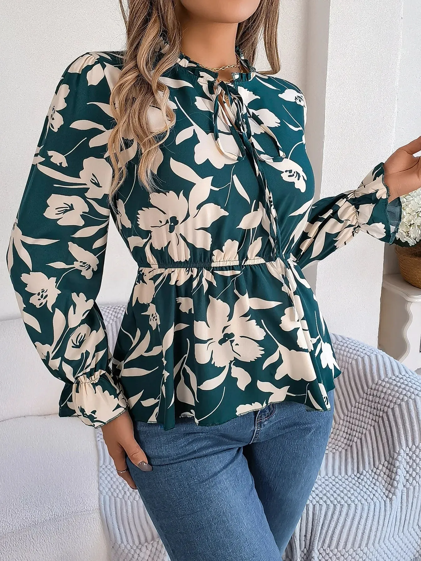 Waist-tied Long Floral Women's Style Sleeve Tie Neck Print Vacation Blouse