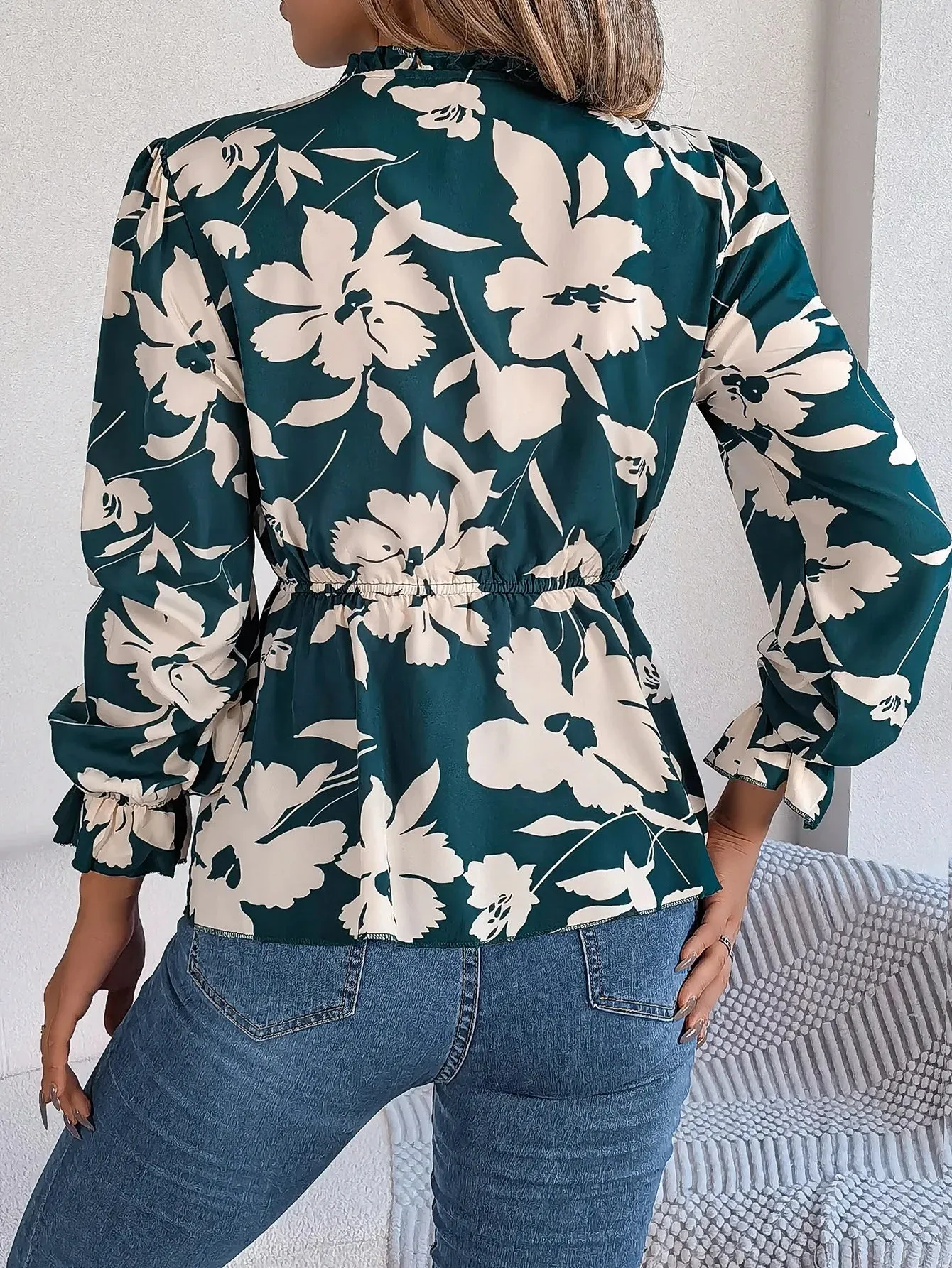 Waist-tied Long Floral Women's Style Sleeve Tie Neck Print Vacation Blouse