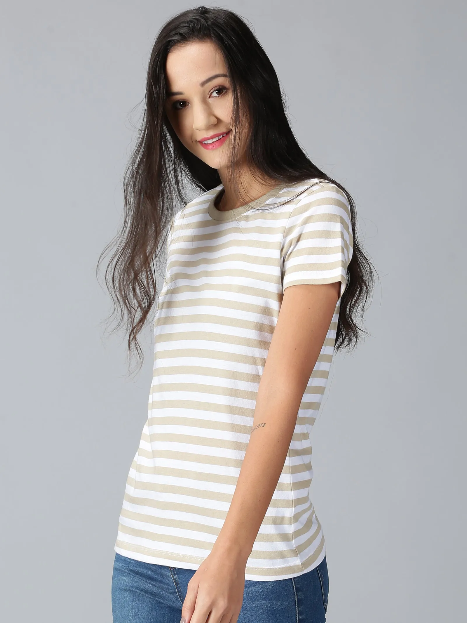 Women Beige Striped Round Neck Casual T-Shirt